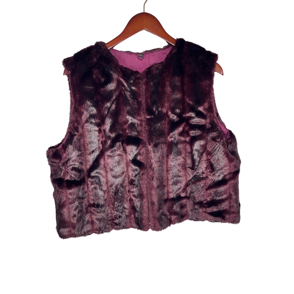 HSN Faux Fur Vest Women Large Burgundy Black Glam‎ Cropped Sleeveless Mob Wife